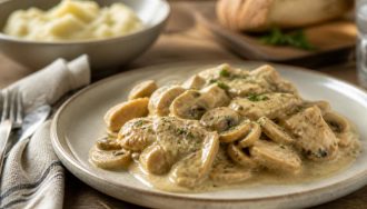Émincé de dinde à la crème servi dans une poêle avec sauce onctueuse, échalotes et persil frais