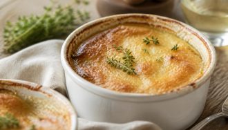 Entrée chaude en ramequin dorée sortie du four, garnie de crème, d'œuf et de fromage râpé fondu, servie sur une assiette en ardoise