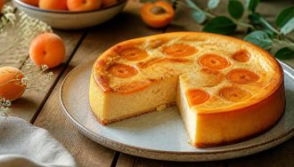 Flan aux abricots léger et protéiné dans un moule rond, parsemé de demi-abricots dorés, photographié en lumière naturelle sur une surface en bois clair