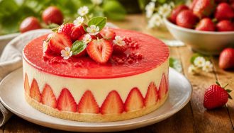 Fraisier à la crème diplomate vanillée, tranché pour révéler les fraises gariguettes et la crème légère, sur un fond en bois clair