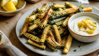 Frites de courgettes croustillantes dorées au parmesan et panko, servies avec une sauce yaourt au citron confit, menthe et basilic, sur une planche en bois