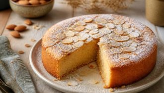 Gâteau fondant aux amandes doré sur un plat en céramique blanche, saupoudré de sucre glace, tranché pour révéler une texture moelleuse et humide