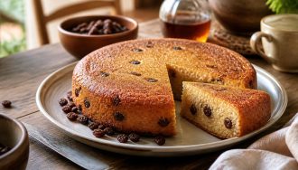 Gâteau de semoule aux raisins secs et au rhum démoulé sur une assiette, nappé de caramel doré coulant