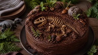 Gâteau Jurassic World maison décoré de pâte à sucre verte, figurines dinosaures et décor jungle, sur une table d'anniversaire enfant