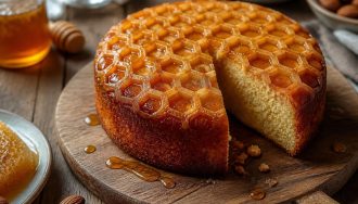 Gâteau nid d'abeille maison coupé en deux, garni de crème vanille, avec un topping doré aux amandes effilées caramélisées au miel