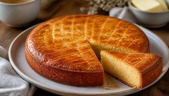 Gâteau palet breton maison au beurre demi-sel, tranché sur une planche en bois, texture sablée dorée visible, accompagné d'une tasse de thé