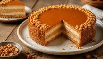 Gâteau praliné croustillant en coupe, avec ses trois couches visibles : dacquoise, insert feuilletine dorée et mousse au chocolat, sur une assiette ardoise