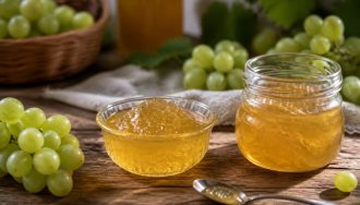Pots de gelée de raisins blancs maison posés sur une table en bois, avec une grappe de raisins blancs frais à côté