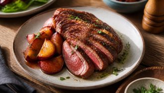 Magret de canard cuit à l'air fryer, tranché, avec une peau croustillante dorée et une chair rosée fondante, servi sur une planche en bois avec des herbes fraîches