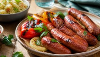 Merguez dorées et croustillantes dans le panier d'un air fryer, résultat après 12 minutes de cuisson à 180 °C