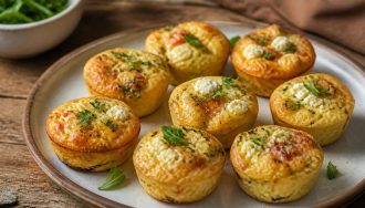 Mini-flans salés express dorés dans leurs moules, garnis de fromage râpé et d'herbes fraîches, prêts pour un apéro d'été