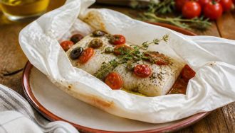 Papillote de poisson à l'italienne ouverte sur une assiette blanche, avec tomates cerise, olives noires, rondelles de citron et basilic frais