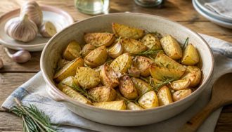 Pommes de terre rôties à l'ail et au romarin sur une plaque de cuisson, dorées et croustillantes, servies avec une sauce yaourt citronnée