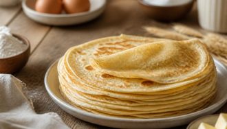 Bol de pâte à crêpes maison lisse et dorée avec un fouet, entouré d'œufs frais, de farine T55 et d'un verre de lait entier sur un plan de travail en bois