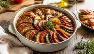Ratatouille traditionnelle provençale mijotée dans une cocotte, avec aubergines, courgettes, poivrons et tomates, parsemée d'herbes de Provence