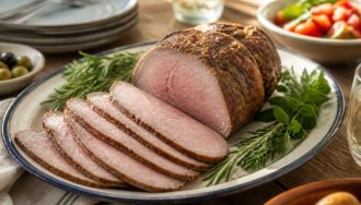 Rôti de bœuf froid tranché en fines tranches rosées, dressé sur une planche en bois avec une sauce ravigote maison et des herbes fraîches, pour un repas d'été en terrasse