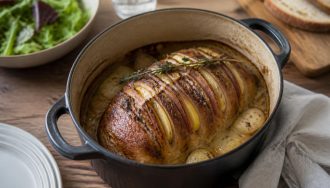 Rôti de porc Orloff tranché dans une cocotte en fonte, entouré de légumes dorés et nappé de son jus de cuisson