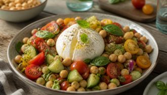 Salade d'été à la burrata et aux pois chiches avec tomates cerises, oignon rouge et basilic frais, dressée dans un grand plat blanc