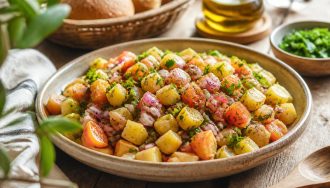 Salade marocaine traditionnelle (chlada) aux tomates, concombre, oignon rouge, herbes fraîches et cumin, servie dans un grand plat en terre cuite
