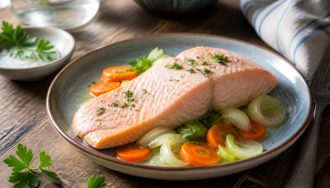 Pavé de saumon poché au court-bouillon aromatique dans une casserole, servi avec des légumes vapeur et une tranche de citron