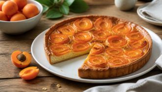 Tarte aux abricots sur frangipane maison, dorée au four, abricots caramélisés et amandes effilées dorées, fond de tarte croustillant, vue de dessus sur plan en bois clair