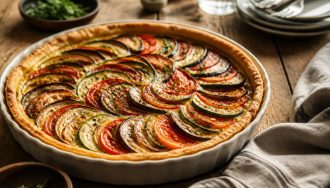 Tarte aux légumes du soleil dorée et croustillante avec tomates, courgettes et aubergines disposées en rosace, fond au pesto de basilic visible à la découpe