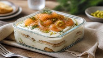 Tiramisu salé en verrine avec tomates cerises, stracciatella et basilic frais, servi bien froid pour l'été