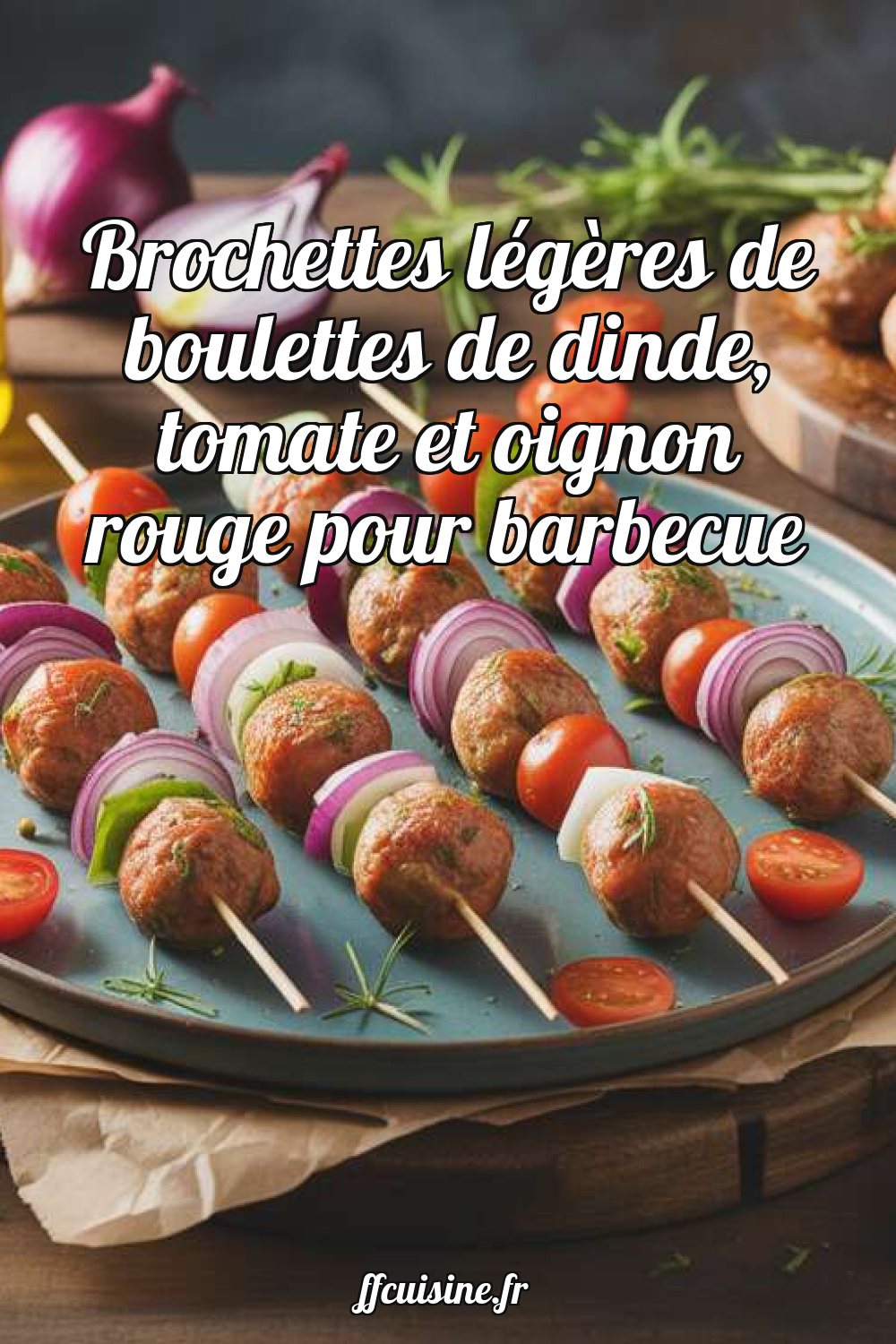 Brochettes légères de boulettes de dinde, tomate et oignon rouge pour barbecue