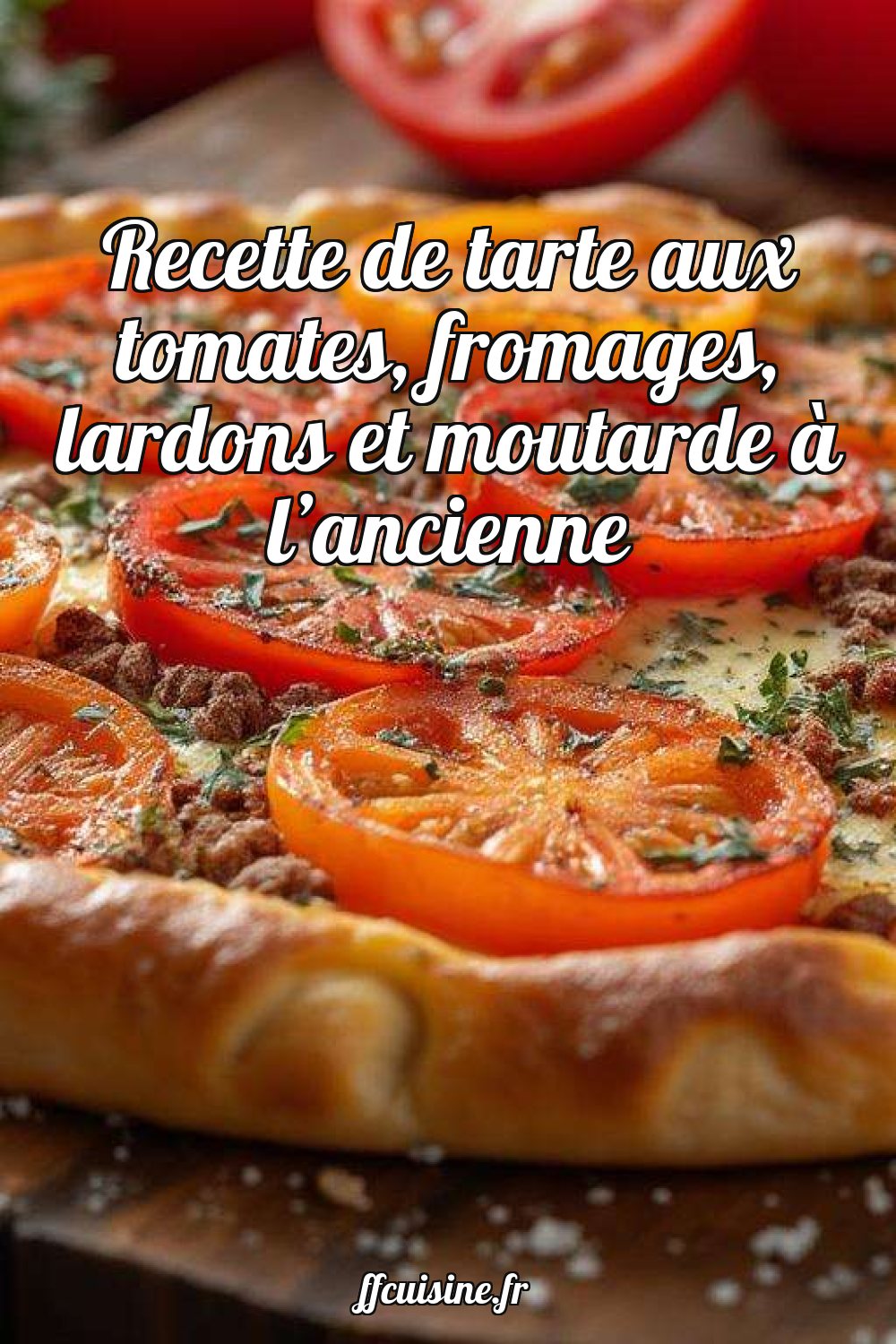 Recette de tarte aux tomates, fromages, lardons et moutarde à l'ancienne